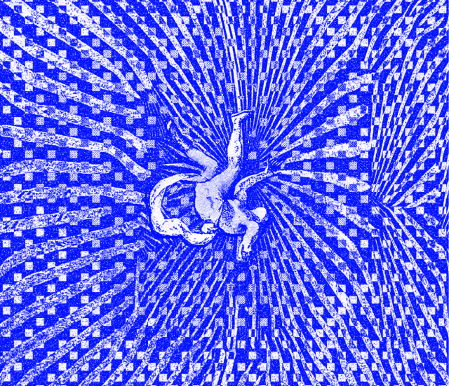 Engraving, ultramarine ink on black