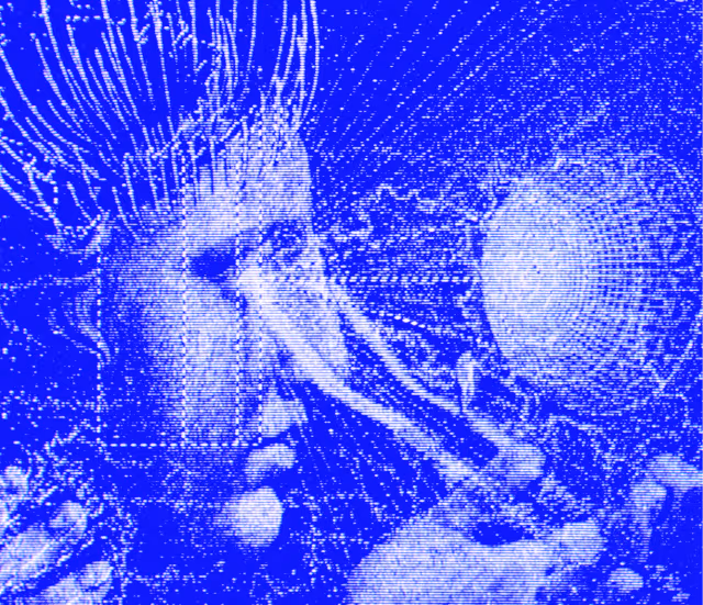 Engraving-style portrait, ultramarine ink on black