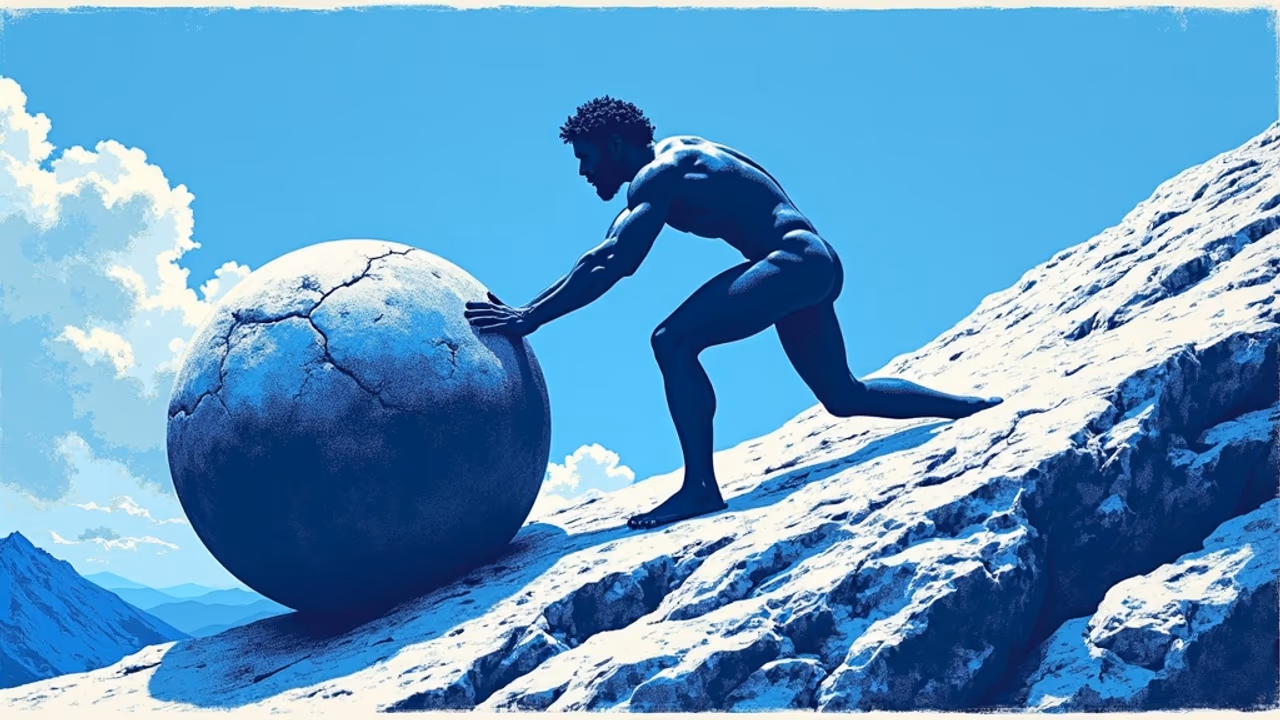 Screen-print illustration of Sisyphus pushing a boulder up a steep hill, electric ultramarine blue
